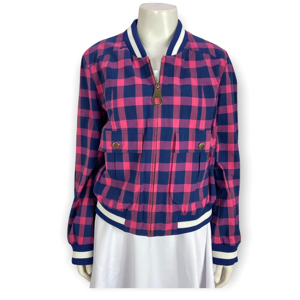 Tanya Taylor Bree‎ Seersucker Bomber Jacket 6 Pink Navy Plaid Full Zip
